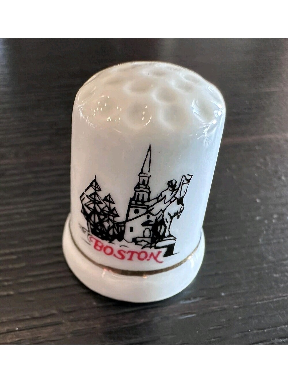 Vintage Boston Massachusetts Thimble City Landmarks Gold Trim Souvenir EUC